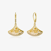 Fan drop earrings, gold-tone crescent with floral filigree and clear stones