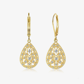 Gold Filigree CZ dangle earrings, teardrop lacework with small round stones and hook backs.