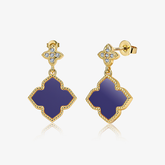 Four-Leaf Clover charm stud earrings, blue enamel clover drop with gold-tone and crystals