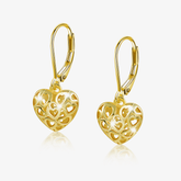 Goldfarbene Heart Skeleton Dangle-Ohrringe mit filigranem Herzmuster und Hakenverschluss.