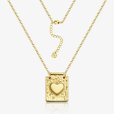 Gold heart locket necklace with textured square pendant and inset heart, fine chain links.