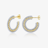 Tri-row beaded hoop stud earrings with mixed silver and gold metal balls