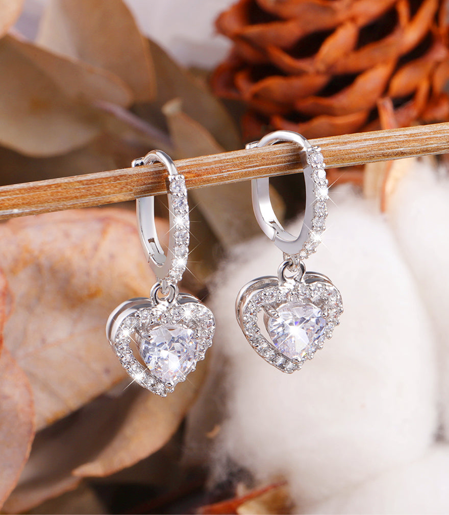 Silver CZ Heart Dangle Earrings