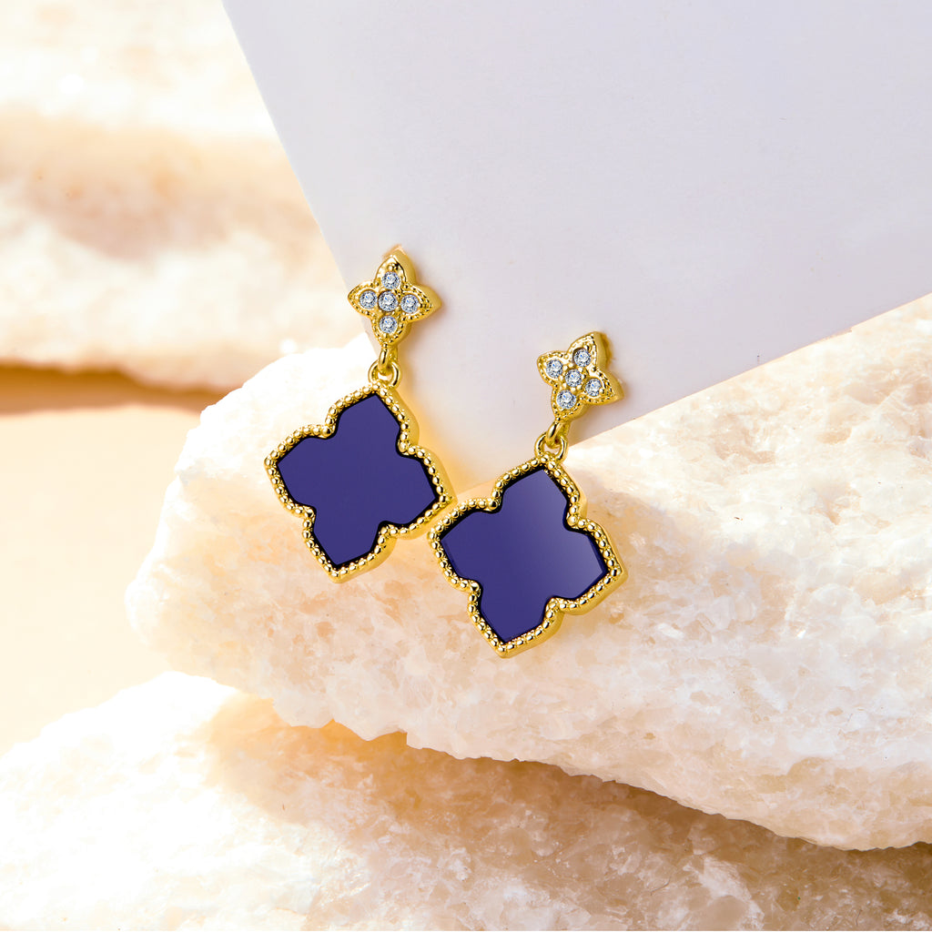 Four-Leaf Clover charm stud earrings, blue enamel clover drops with gold-tone and crystals