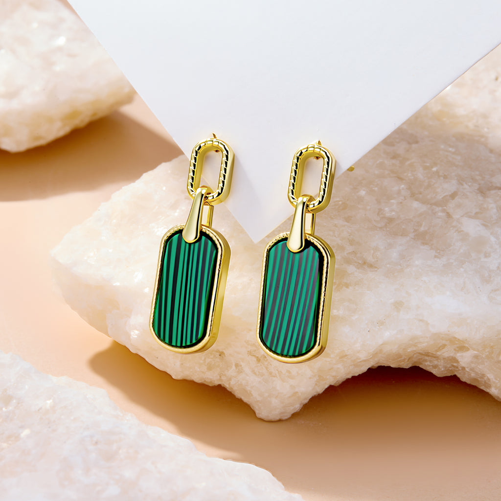 Malachite green rectangular drop earrings with gold-tone bezel and textured hoops.