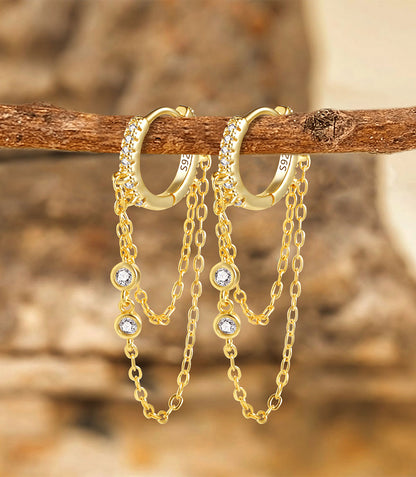 Drop Chain Hoop CZ Earrings