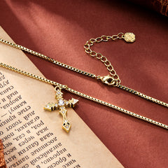 CZ Cross Necklace set with gold-tone chain, cross pendant with clear blue stones