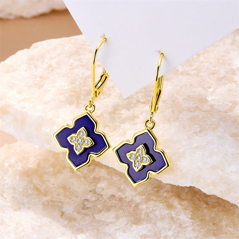 Four-leaf clover drop earrings in lapis lazuli blue enamel with gold-tone hook