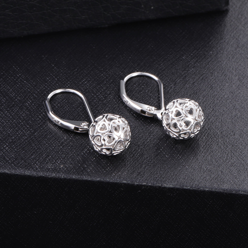 Silver ball skeleton drop earrings with round heart filigree dangle charms