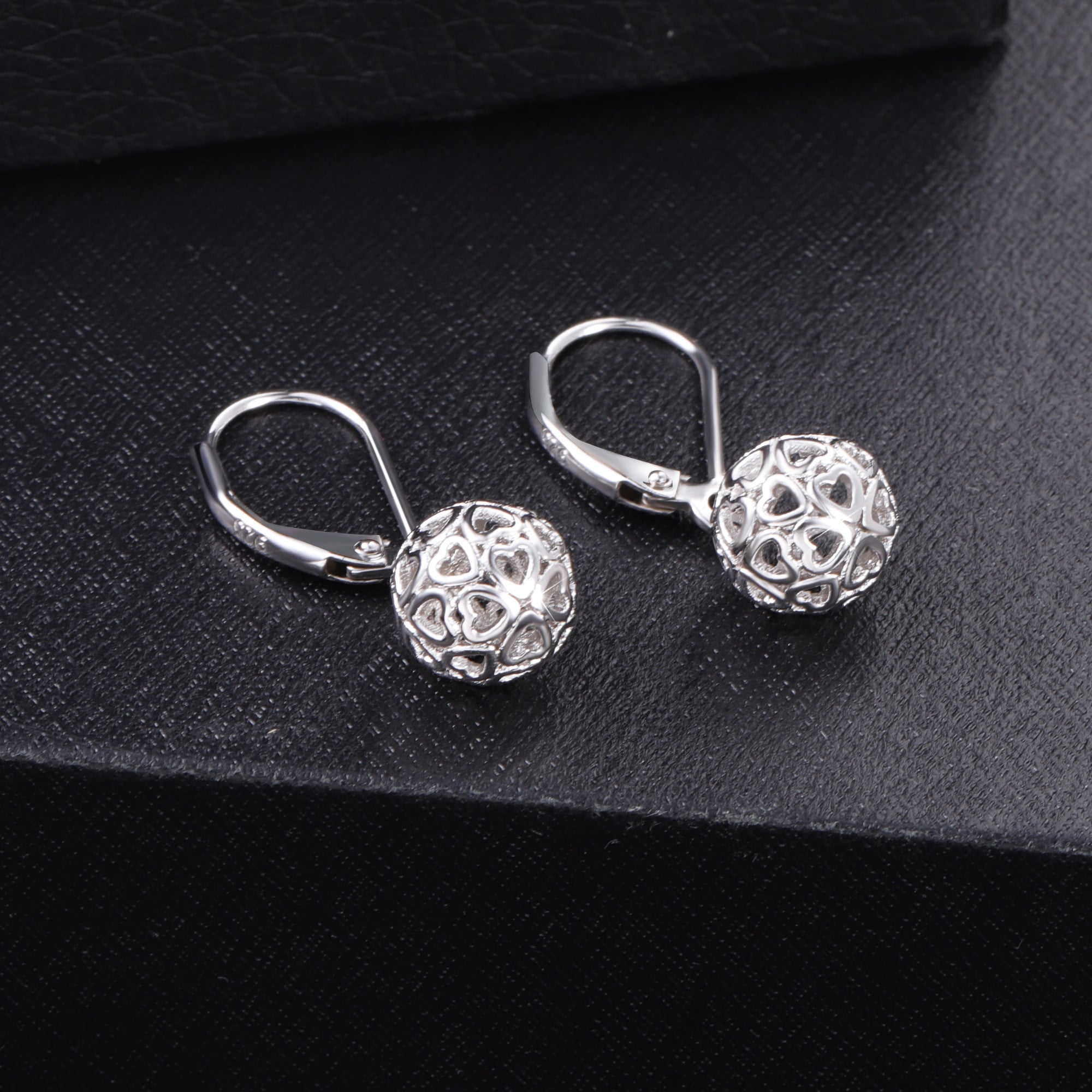 Silver ball skeleton drop earrings with round heart filigree dangle charms