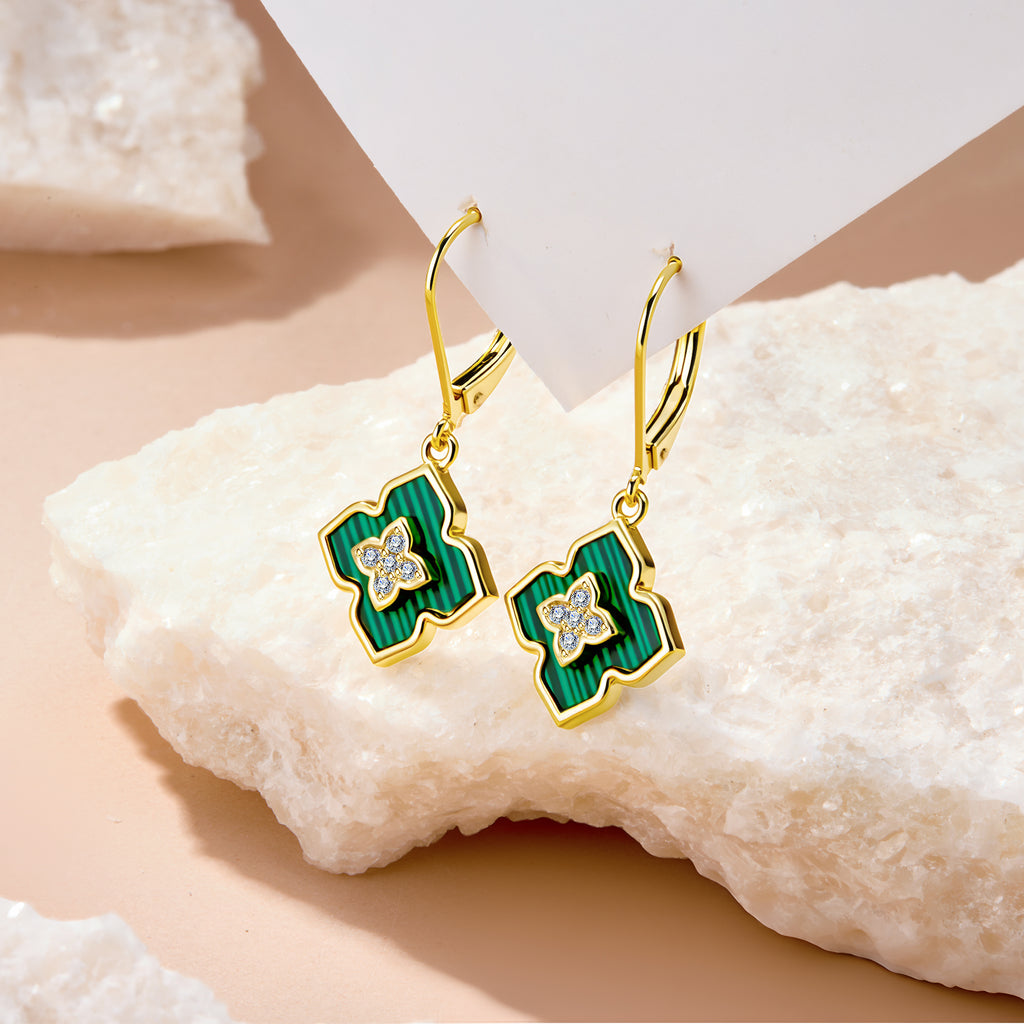 Four-leaf clover drop earrings with malachite green enamel and gold-tone hoop closure