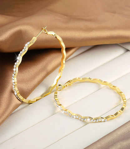 Diamond-Inlaid Wavy Large Gold Hoops