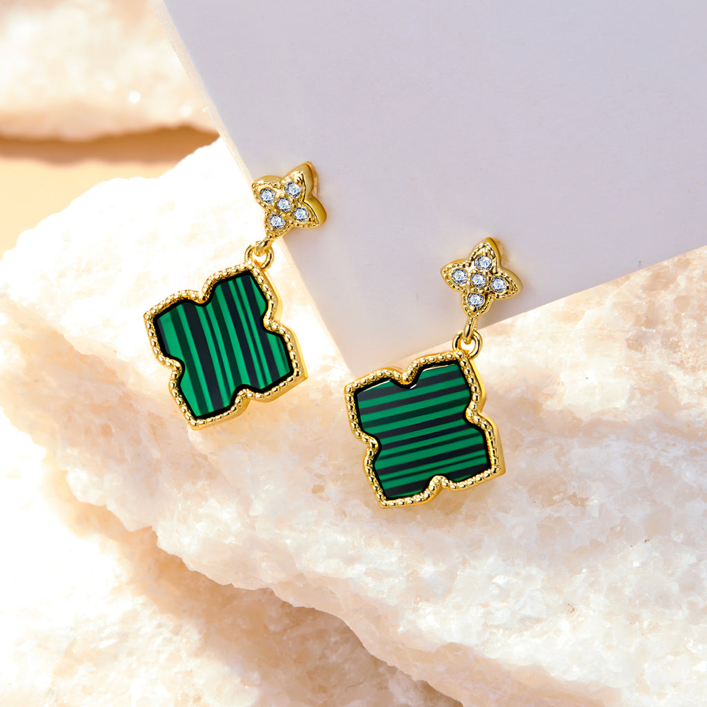 Four-Leaf Clover stud earrings, malachite green enamel clovers with gold-tone and clear stones