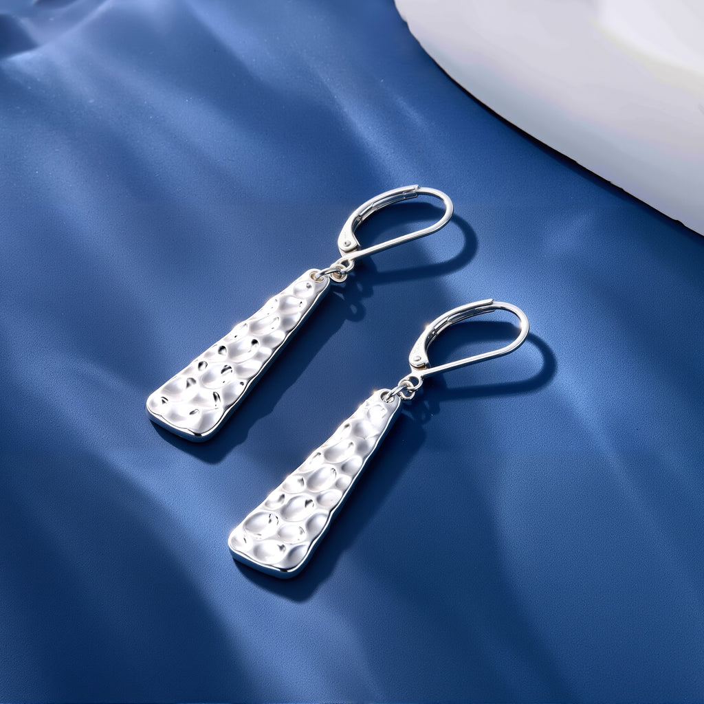 Silver tone hammered bar drop earrings, long textured bar dangle with lever hook