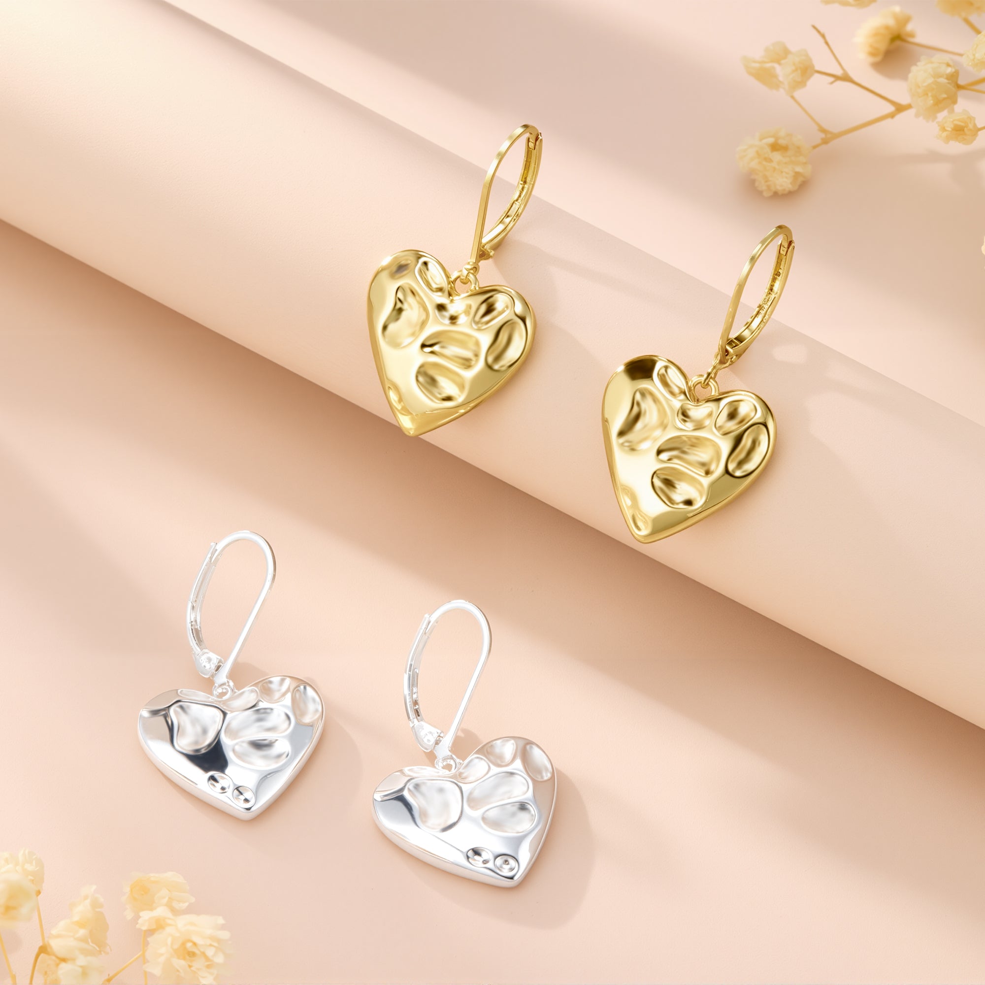 Molten Heart French drop earrings set: gold and silver textured heart drops