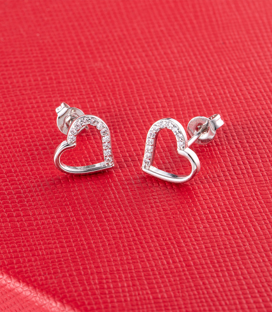 Silver Heart Diamond Huggie Stud Earrings