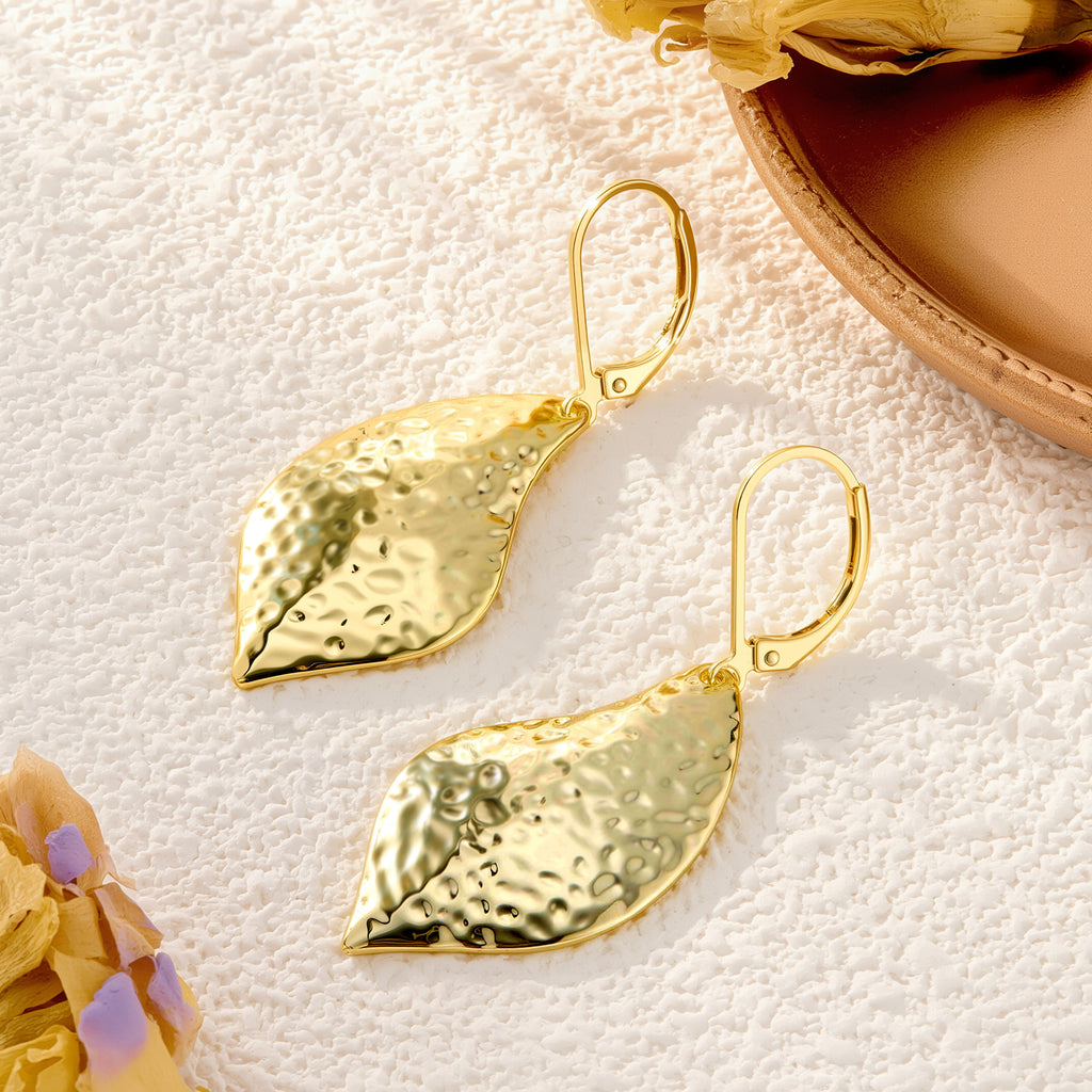Hammered leaf drop earrings, gold-tone leaf dangles with hammered pattern