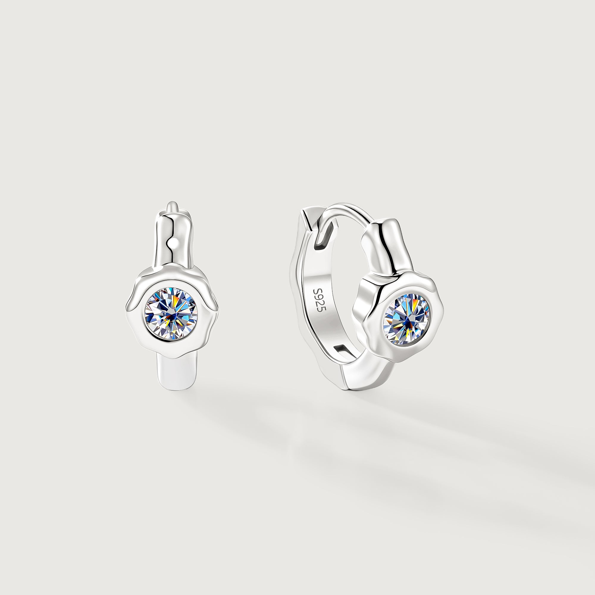 Still Light Sterling Silver Bezel Moissanite Huggie Hoop Earrings
