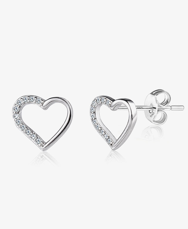 Silver Heart Diamond Huggie Stud Earrings