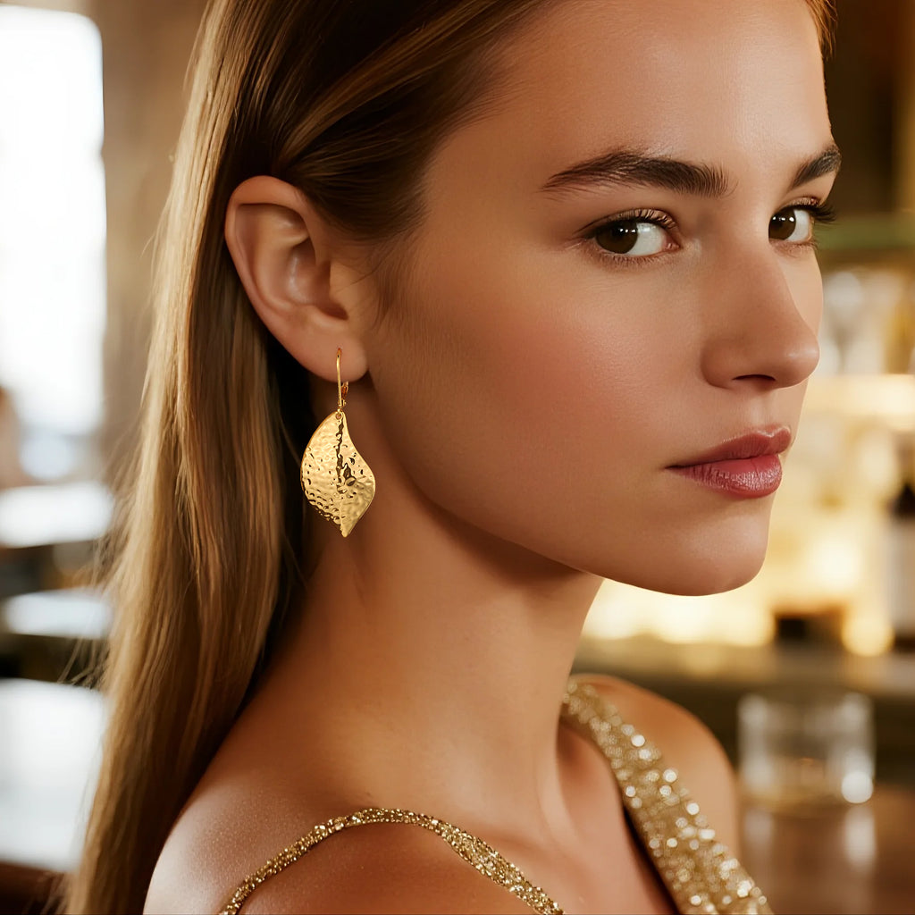 Hammered leaf drop earrings in gold-tone, hanging textured leaf teardrops