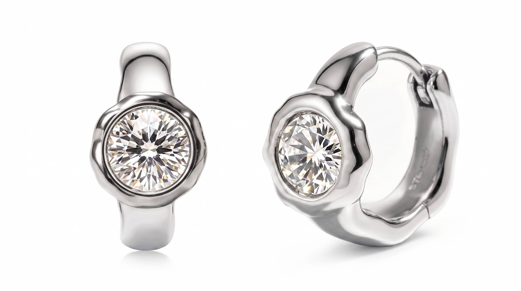 Still Light Sterling Silver Bezel Moissanite Huggie Hoop Earrings