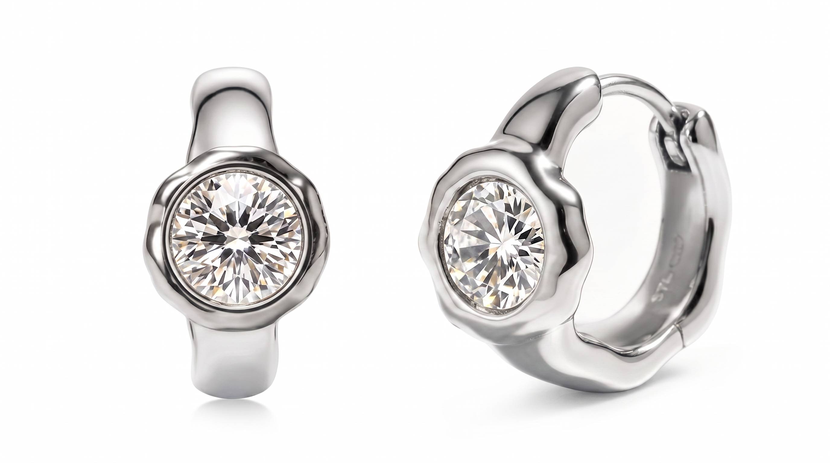 Still Light Sterling Silver Bezel Moissanite Huggie Hoop Earrings