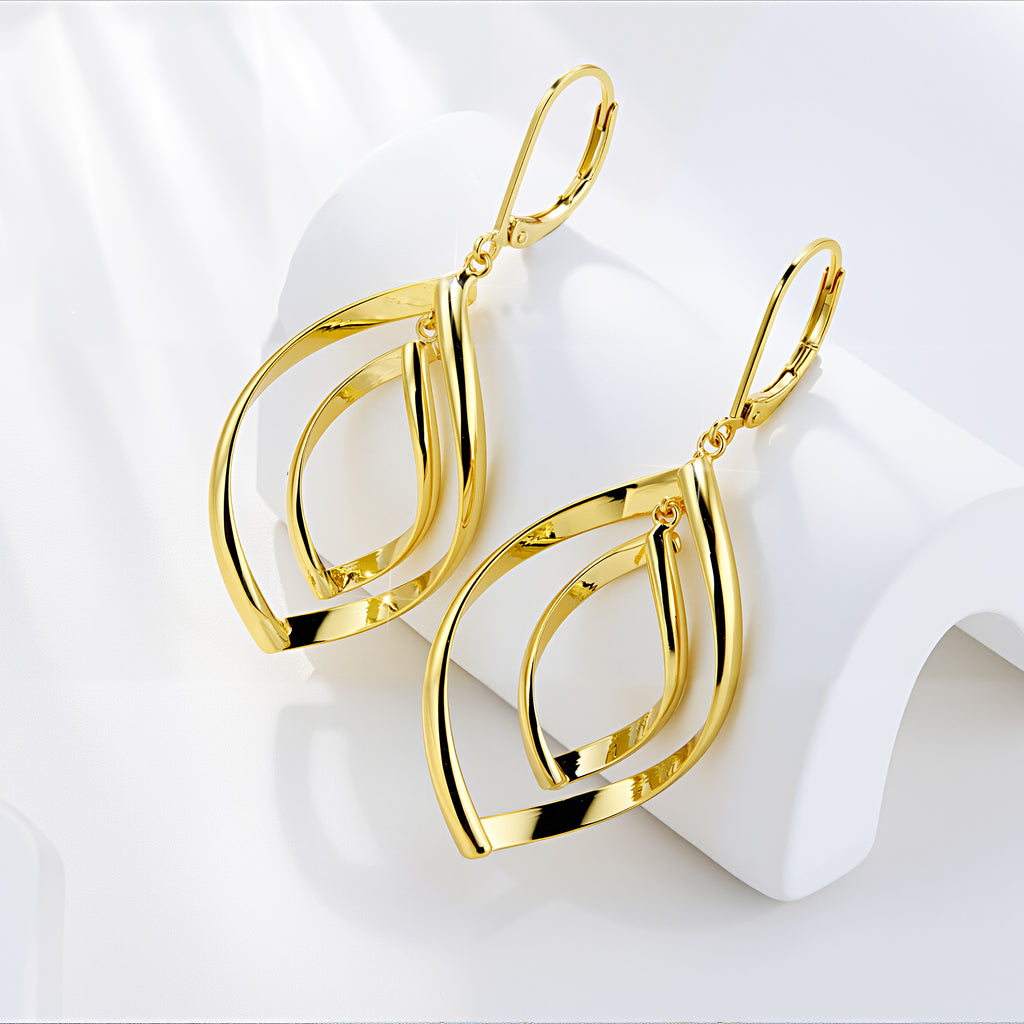 Gold Double Twist drop earrings, front view of nested teardrop loops