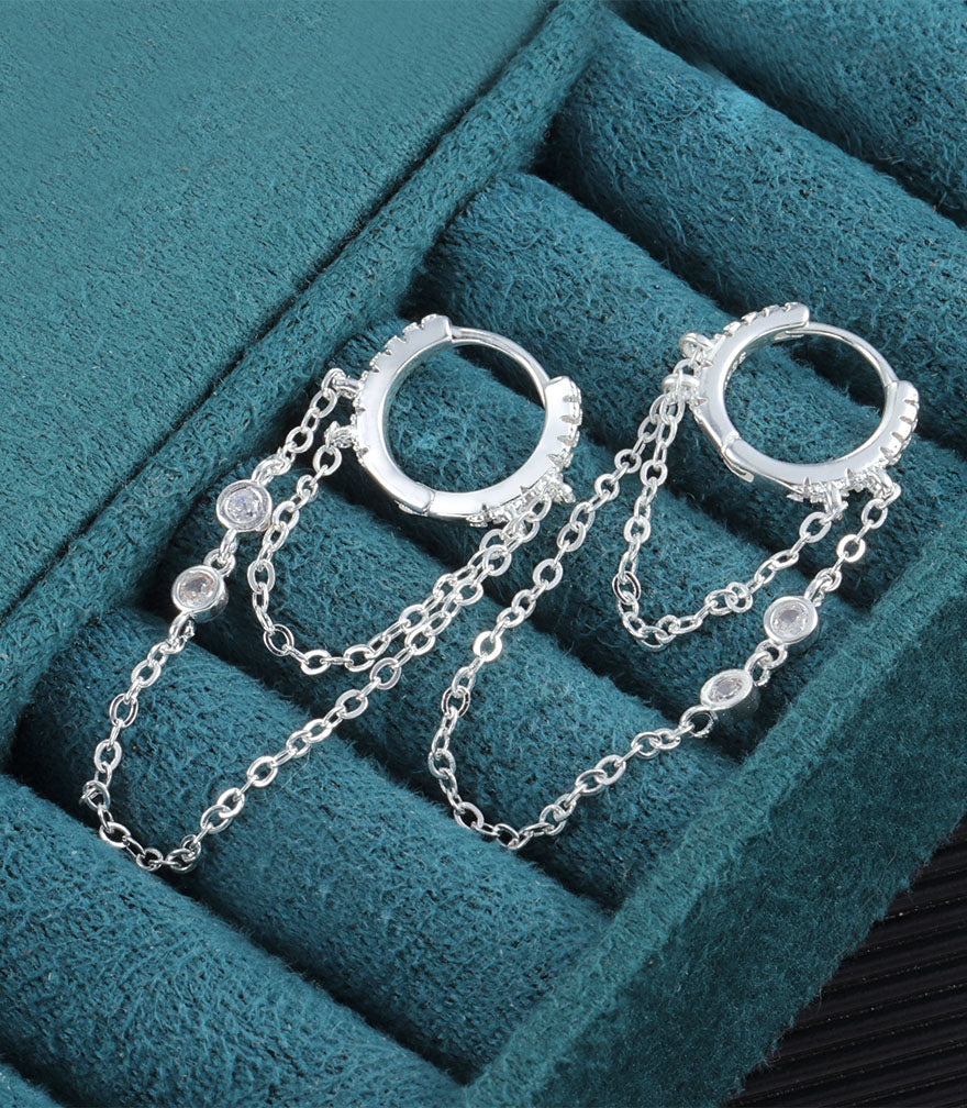 Drop Chain Hoop CZ Earrings