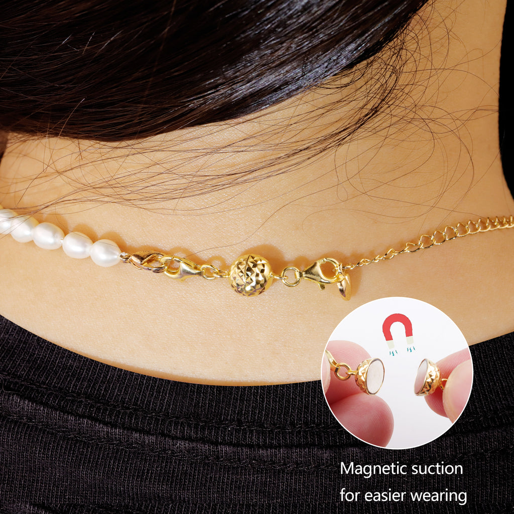 Gold magnetic necklace clasp on pearl chain, round faceted bead with magnetic tips