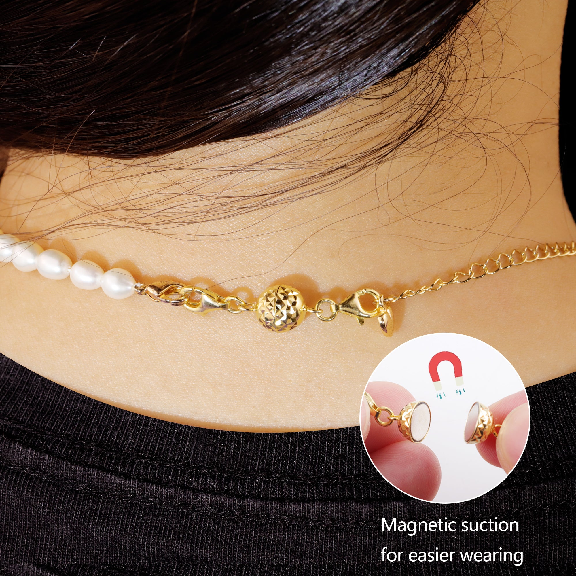 Gold magnetic necklace clasp on pearl chain, round faceted bead with magnetic tips