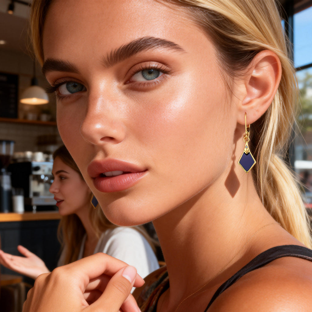 Lapis Lazuli rhombus drop earrings, gold-tone hooks with blue diamond dangle