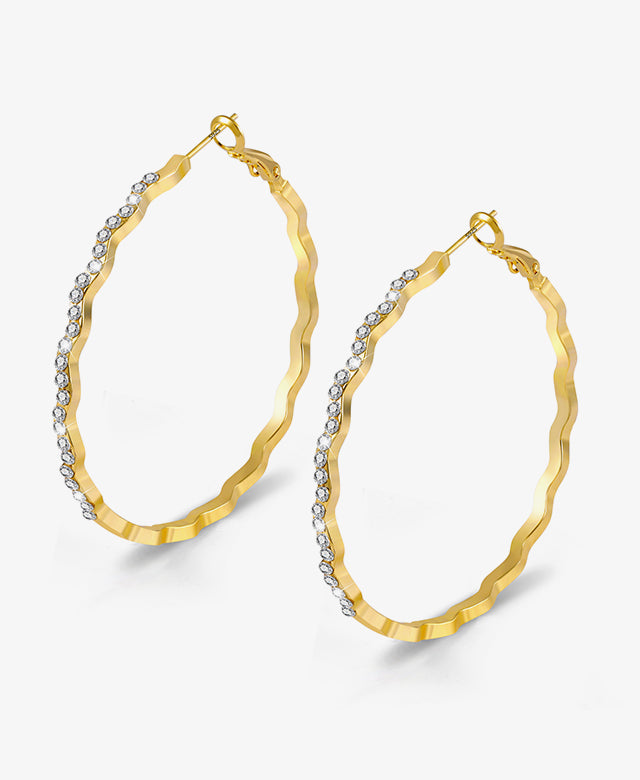 Diamond-Inlaid Wavy Large Gold Hoops