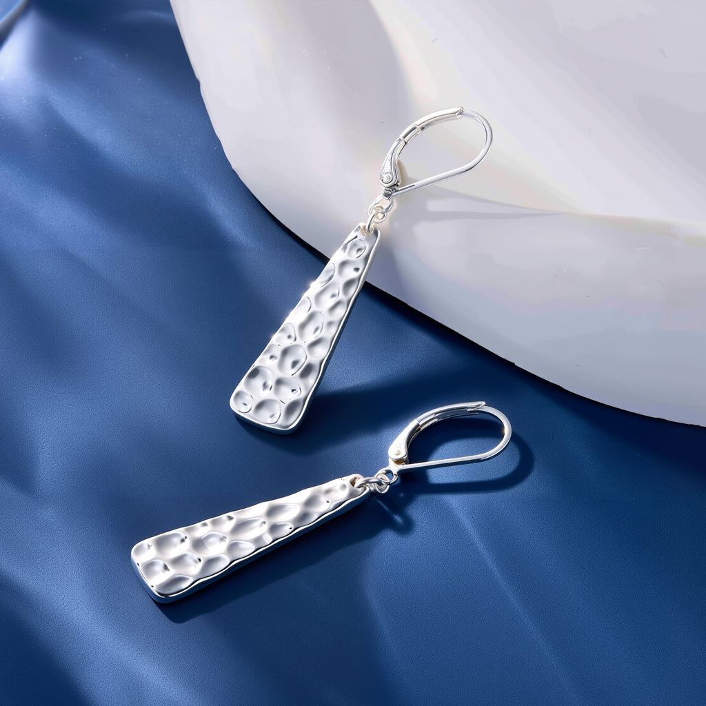 Silver tone hammered bar drop earrings, textured long bar drops with hinged hooks