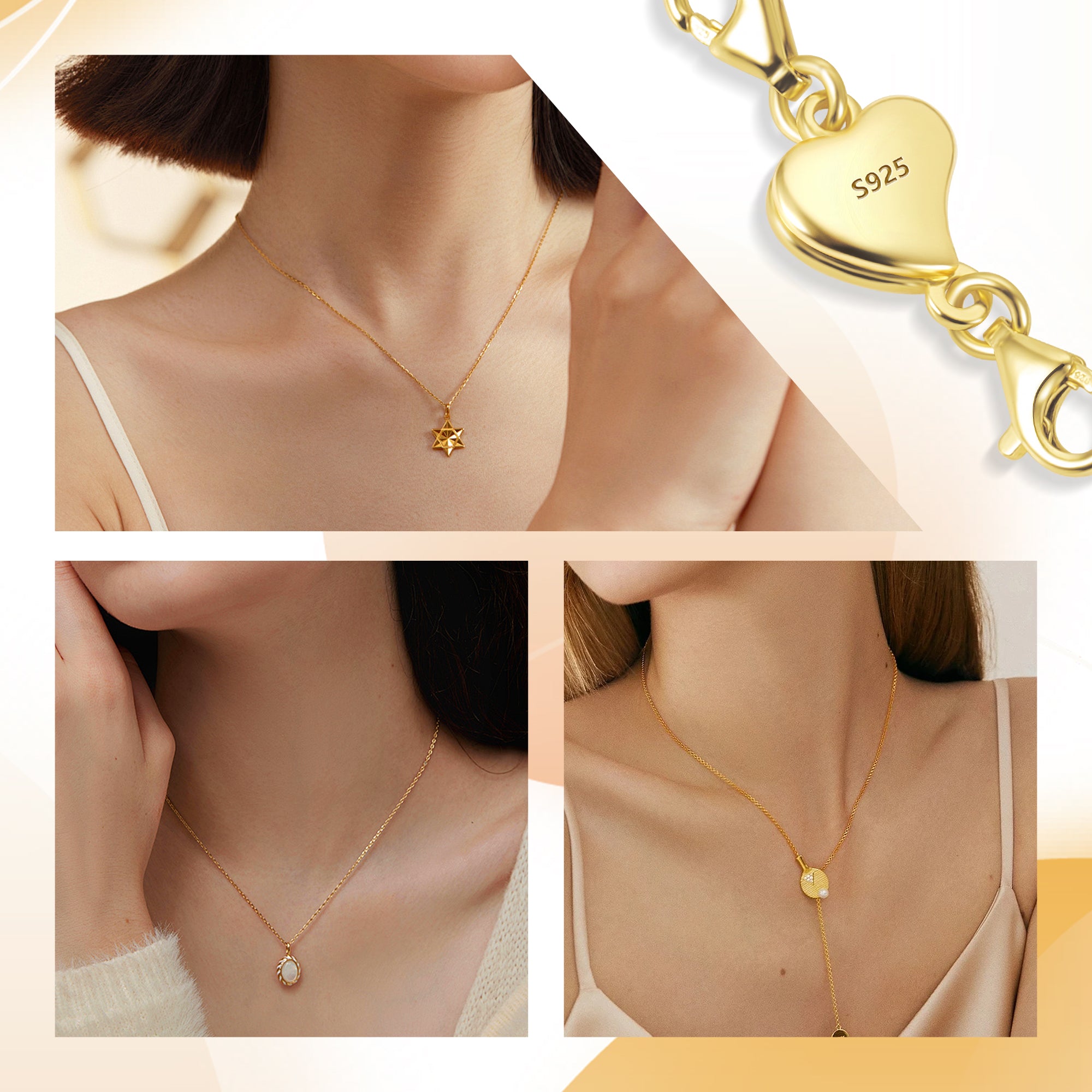 Gold Heart chain extender with S925 heart charm on a necklace chain