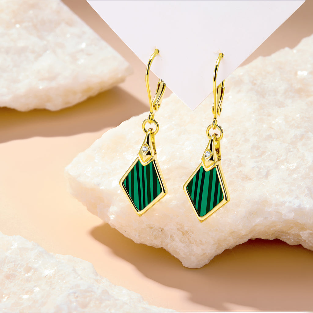 Malachite rhombus drop earrings with vertical green stripe pattern and gold-tone frame