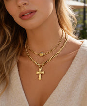 Gold Rose Cross Layer Necklace