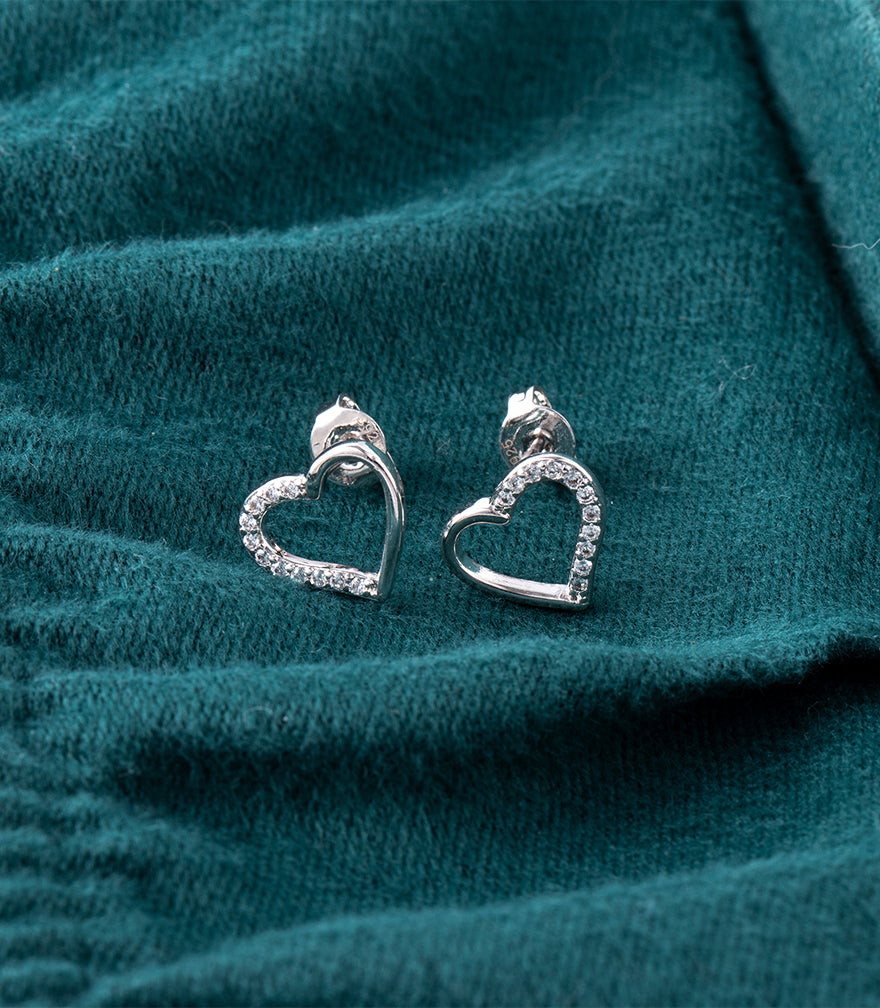 Silver Heart Diamond Huggie Stud Earrings