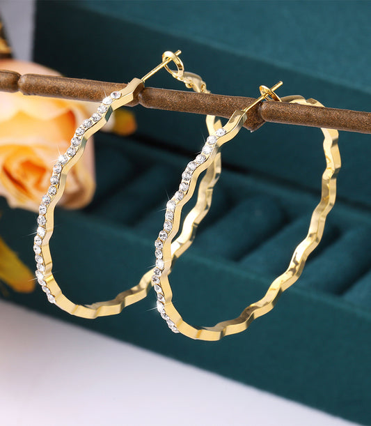 Diamond-Inlaid Wavy Large Gold Hoops