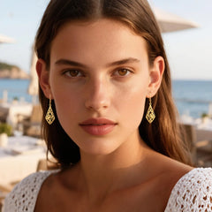 Geometric filigree drop earrings in gold-tone, teardrop motif at the ear