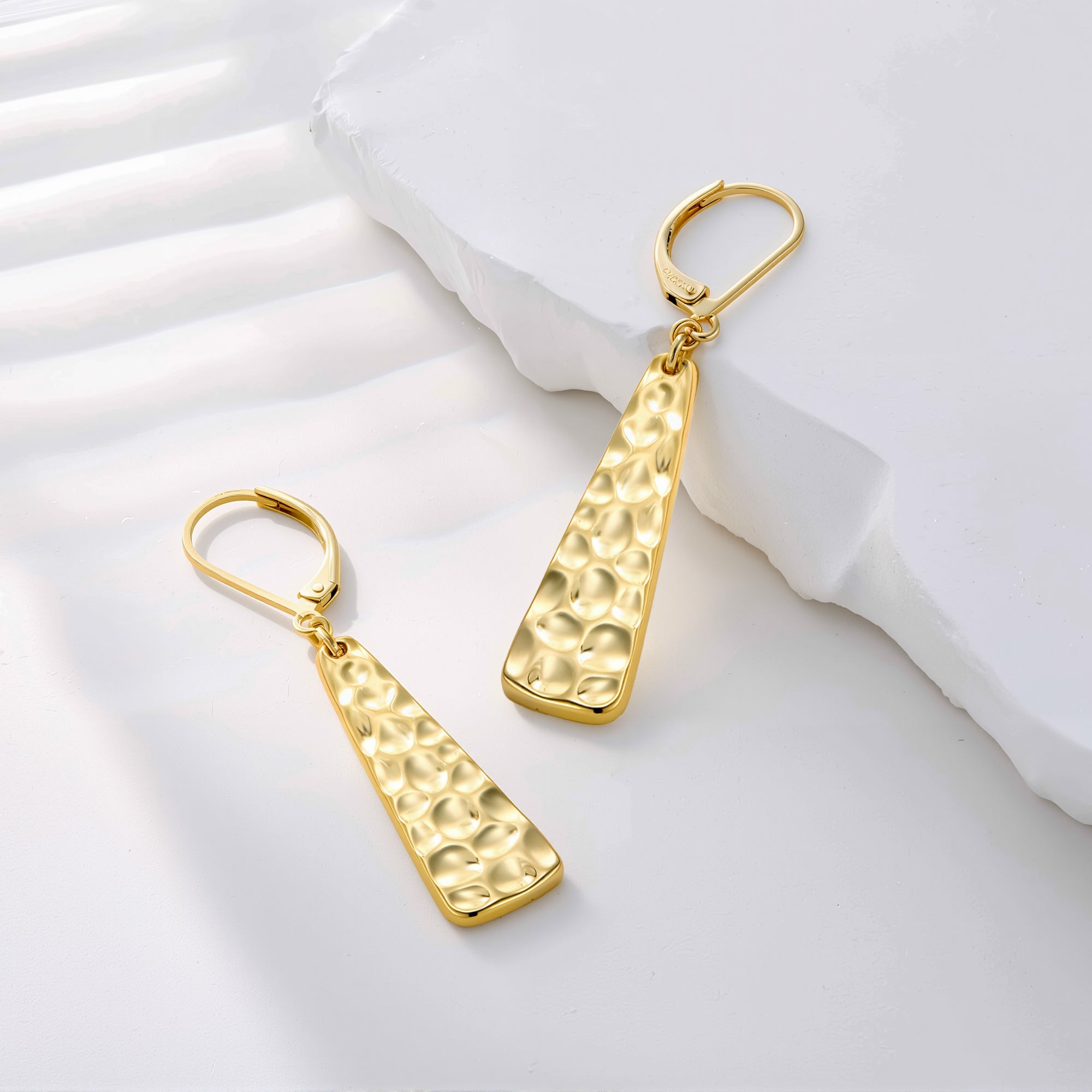 Gold tone hammered bar drop earrings, long textured bar dangle with hinged hook