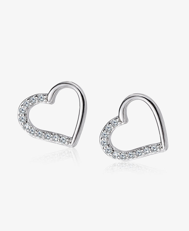 Silver Heart Diamond Huggie Stud Earrings