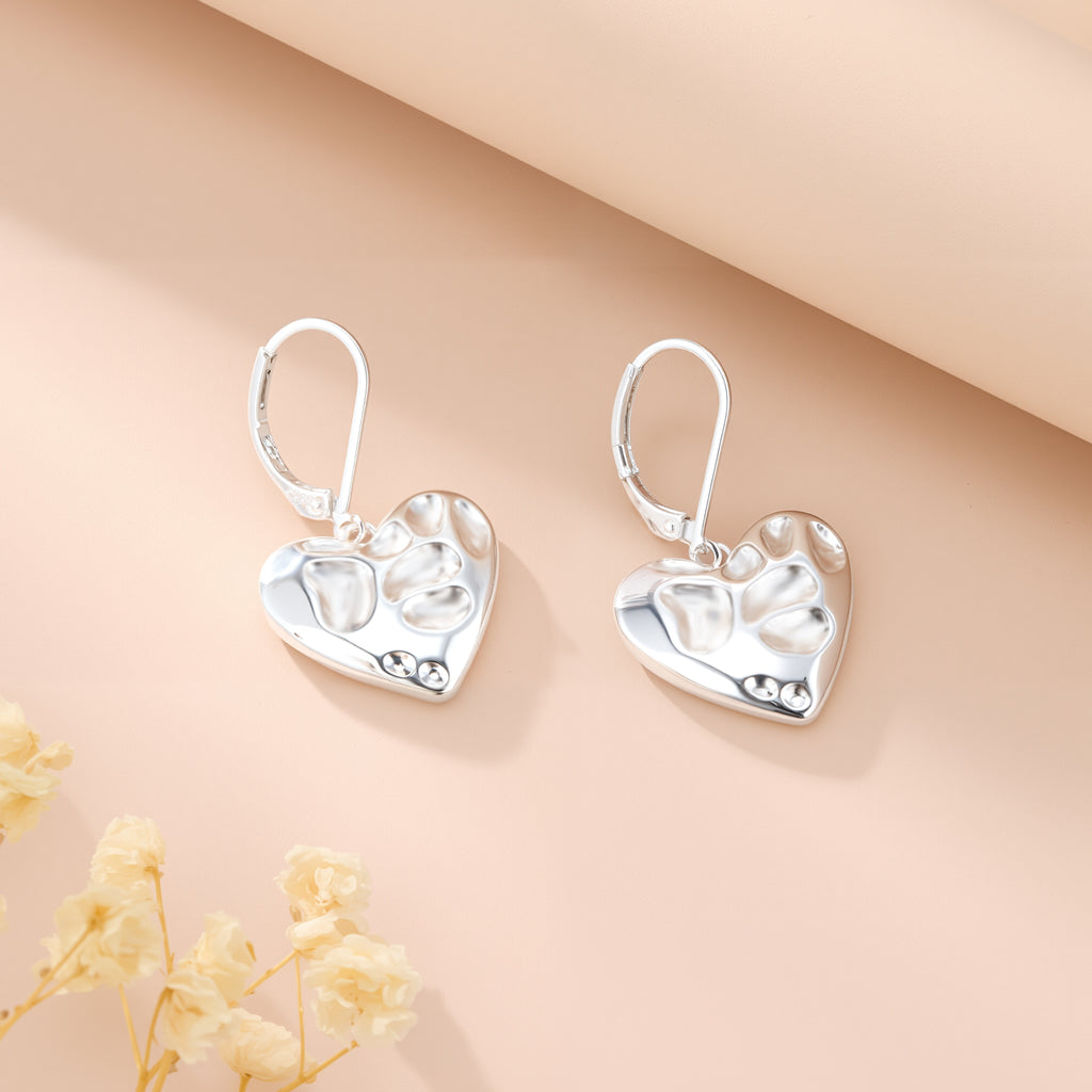 Silver Molten Heart French drop earrings, textured heart pendant with French hook