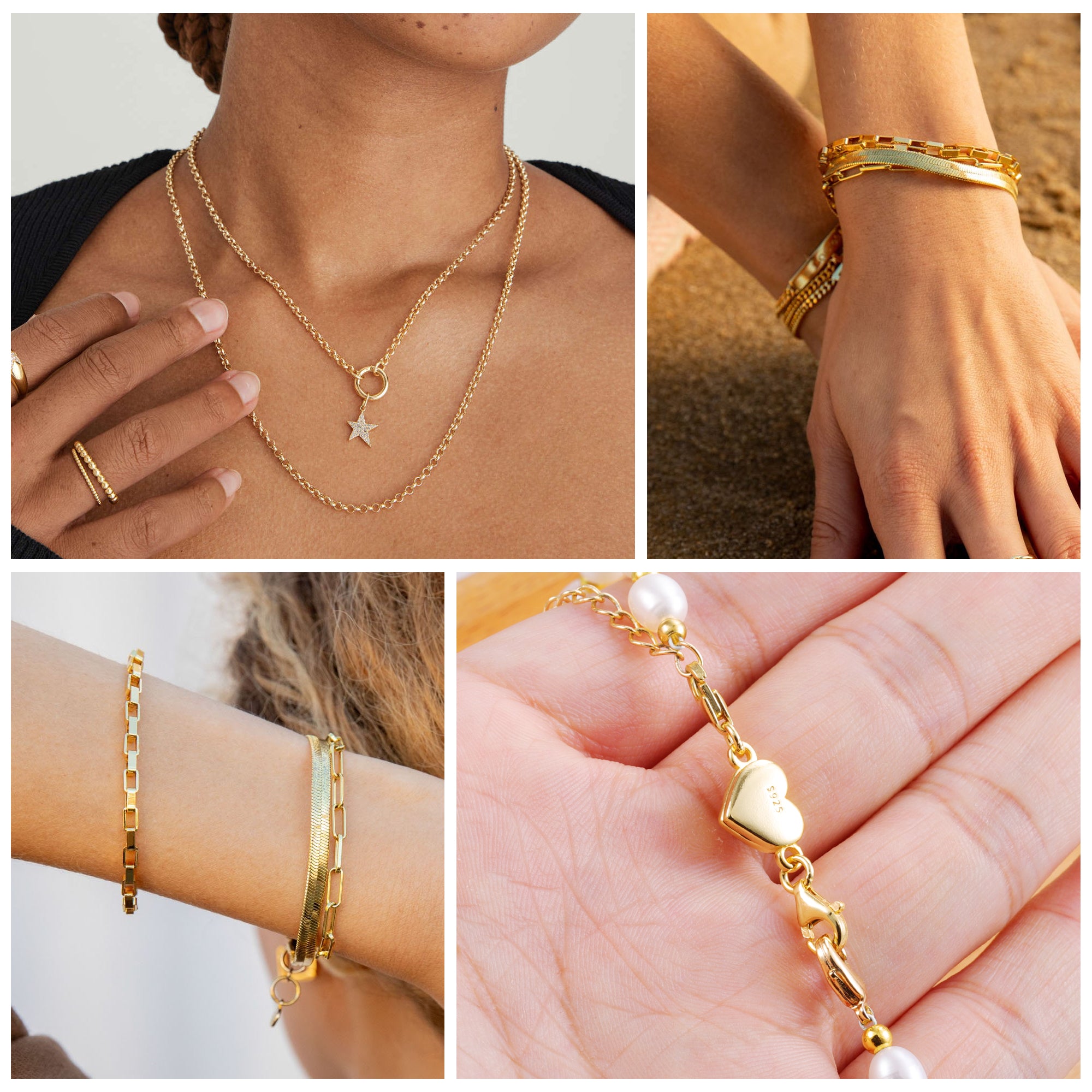 Gold heart magnetic clasp necklace and bracelet on model’s neck and wrist