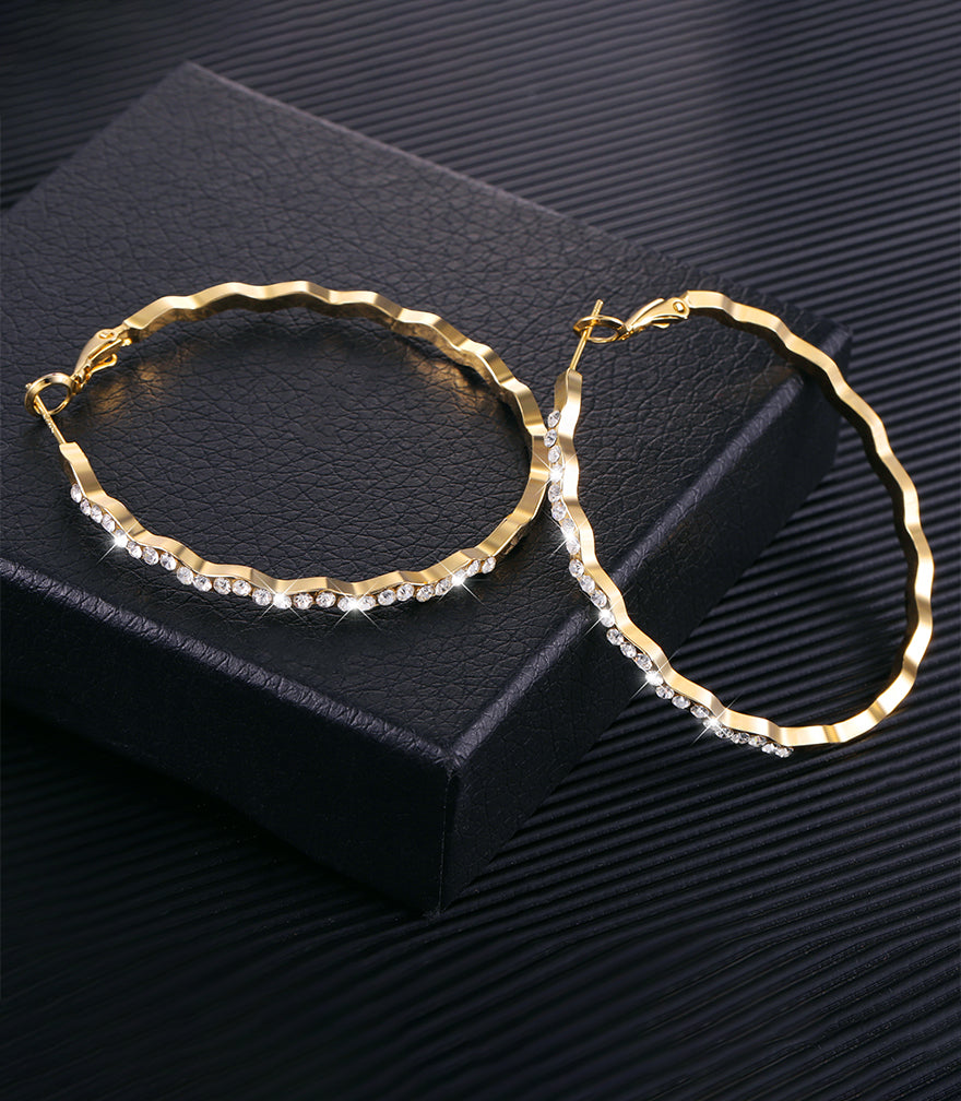 Diamond-Inlaid Wavy Large Gold Hoops