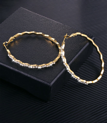 Diamond-Inlaid Wavy Large Gold Hoops