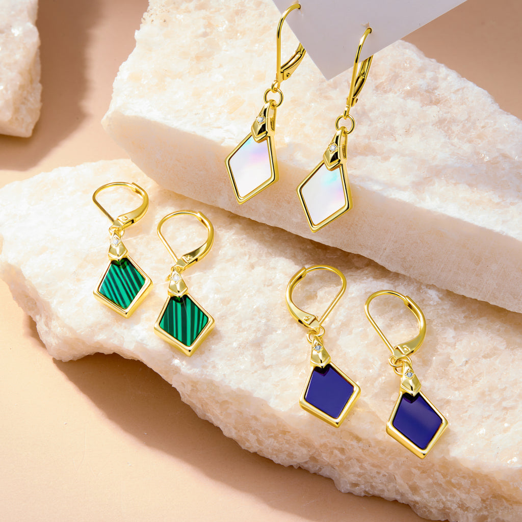 Geometric rhombus drop earrings with gold-tone frames and green and blue stones