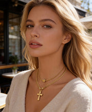 Gold Rose Cross Layer Necklace