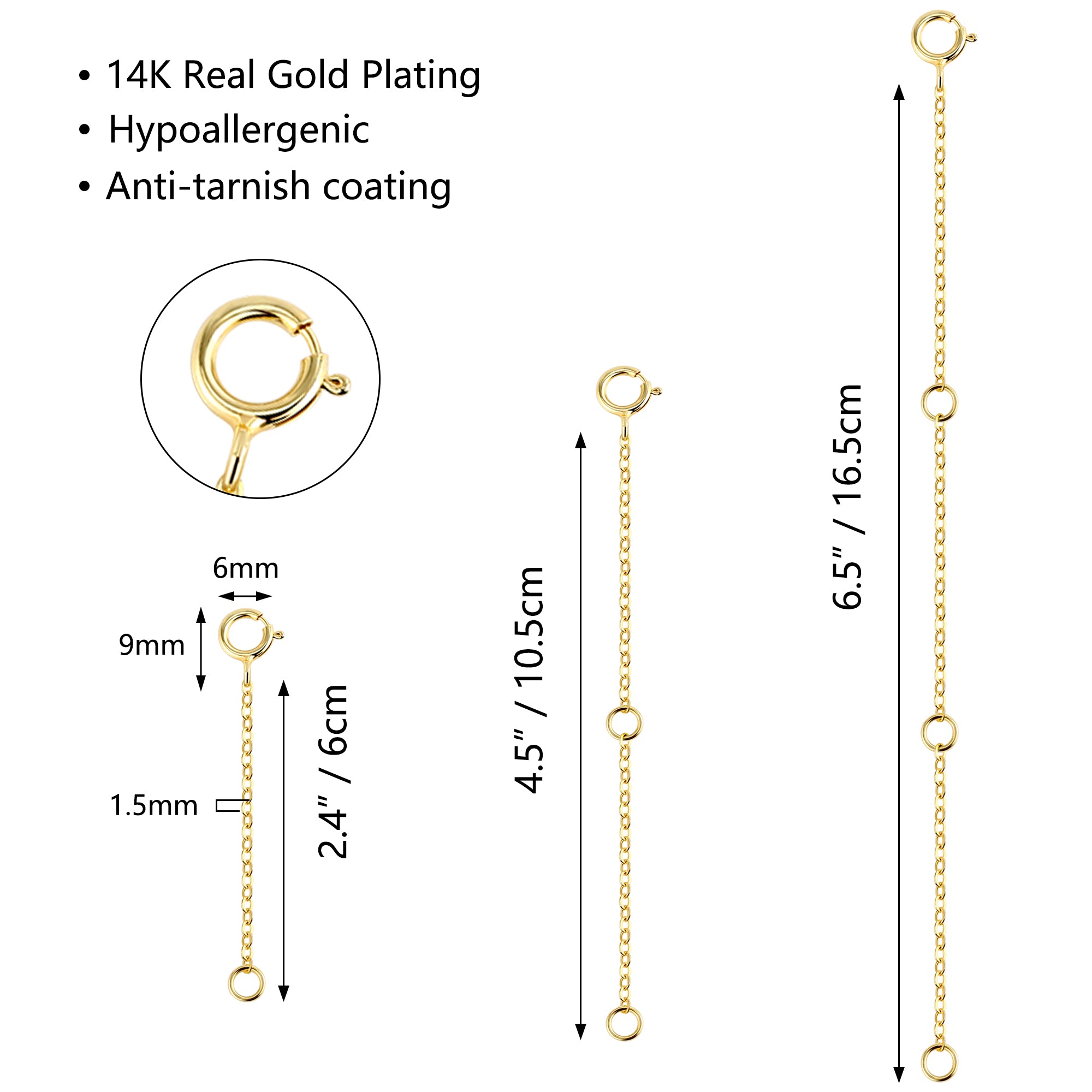 Gold Plated Flat Cross Chain Necklace Extender Set - 2, 4 & 6 Inch