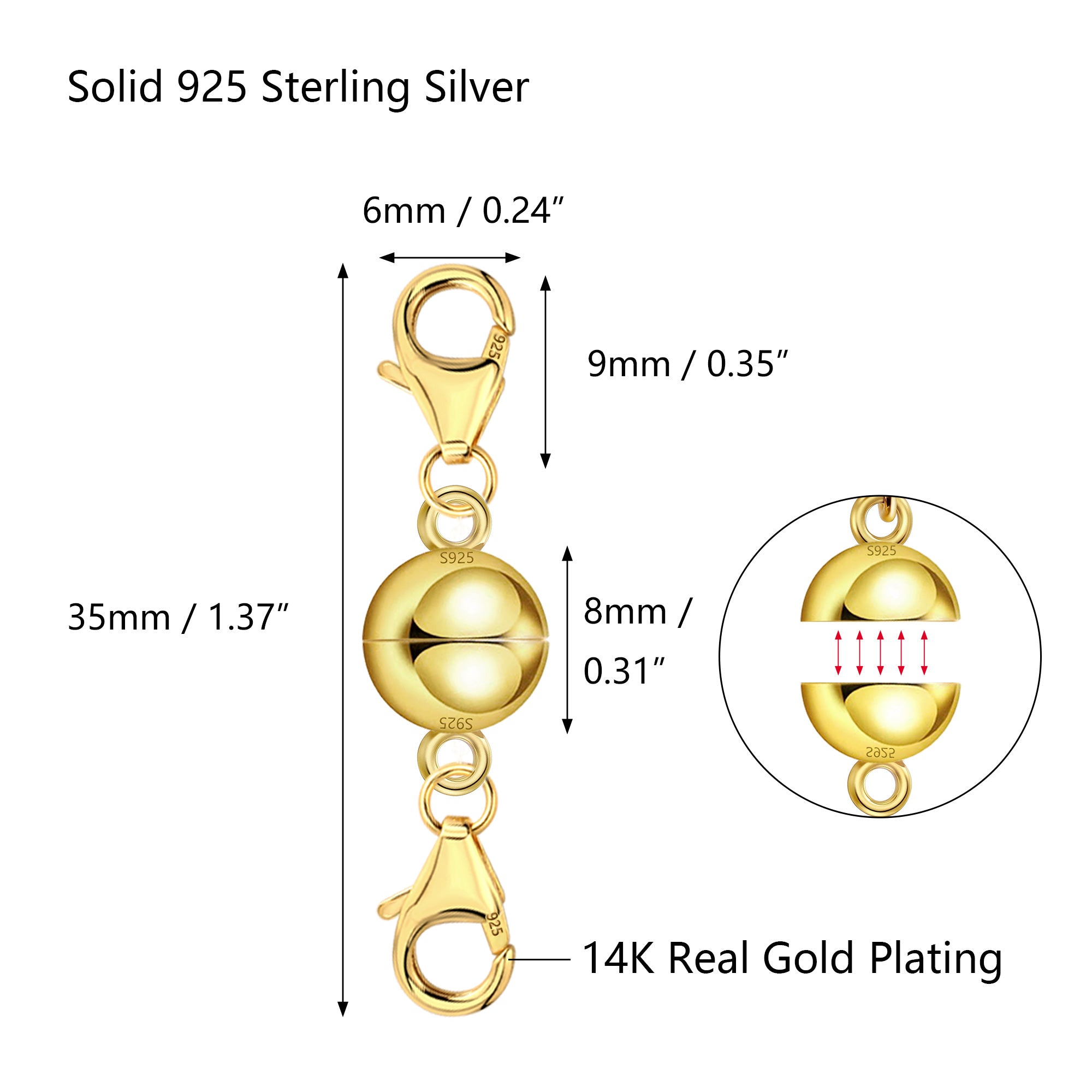 Silver-tone extender with 925 stamp and double-ball center, shown with size markers