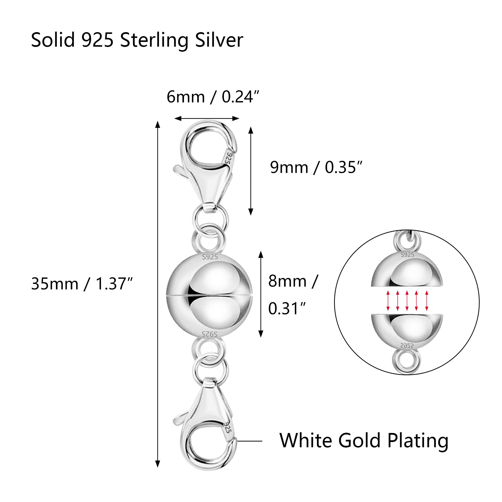 925 Sterling-Silber Verlängerungskette, Länge 35 mm, Kugel 9 mm